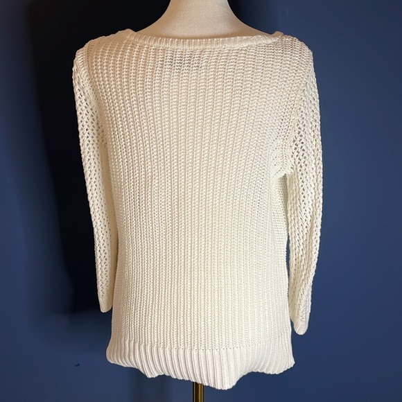 Loft 100% cotton bright white ribbed sweater with open weave sleeves Sz Medium - Picture 3 of 9